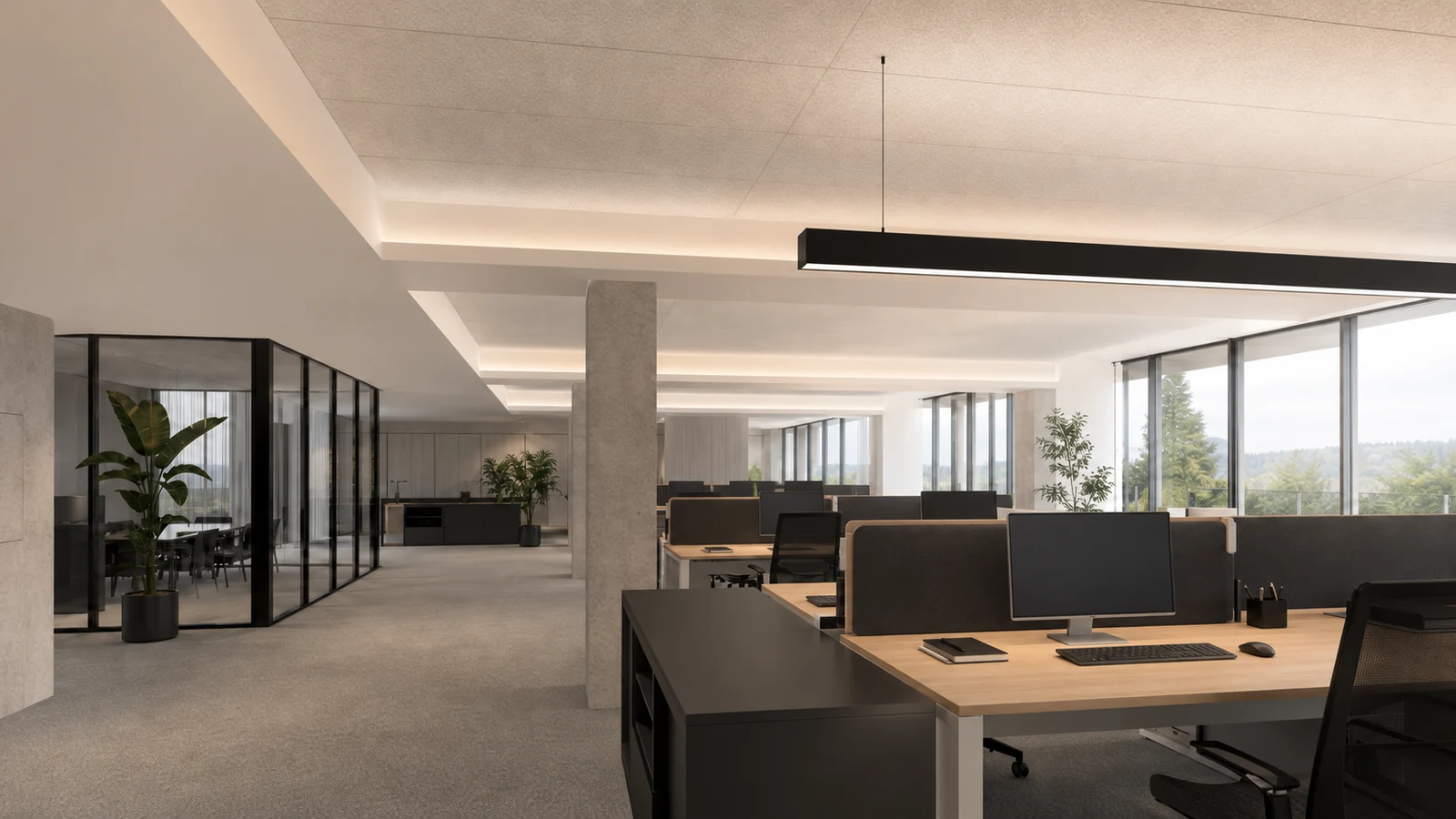 Architectural office interior illuminated by professional direct and indirect luminaires