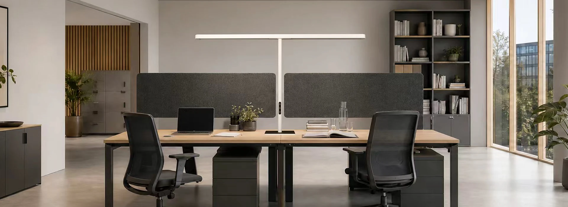 A linear desk-mounted luminaire above two shared office workstations
