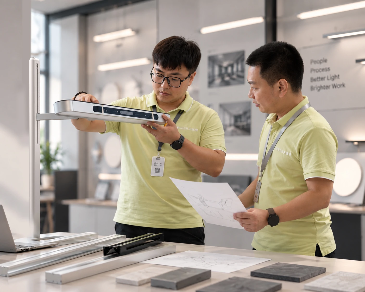 BILLLED team reviewing a luminaire sample and technical drawings