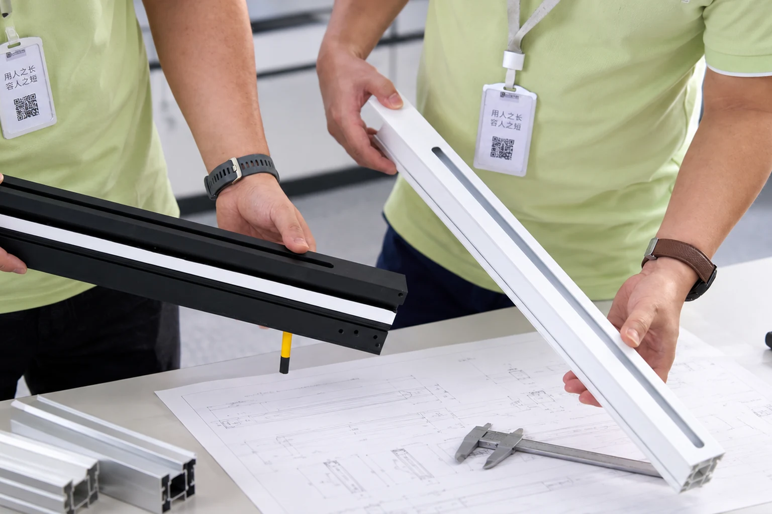 Engineers reviewing black and white luminaire housings against technical drawings
