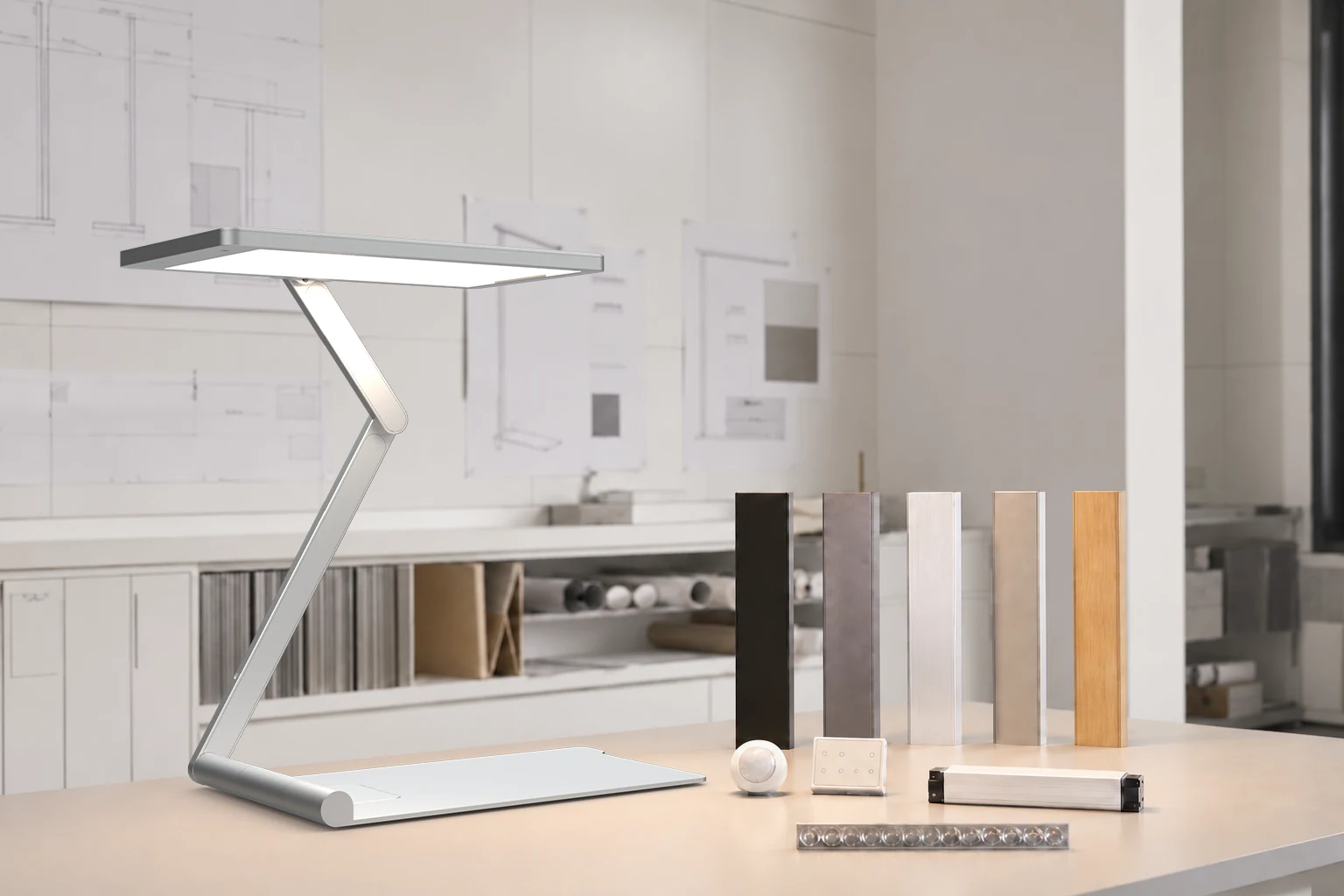 Office luminaire with finish samples, sensor, control panel and driver