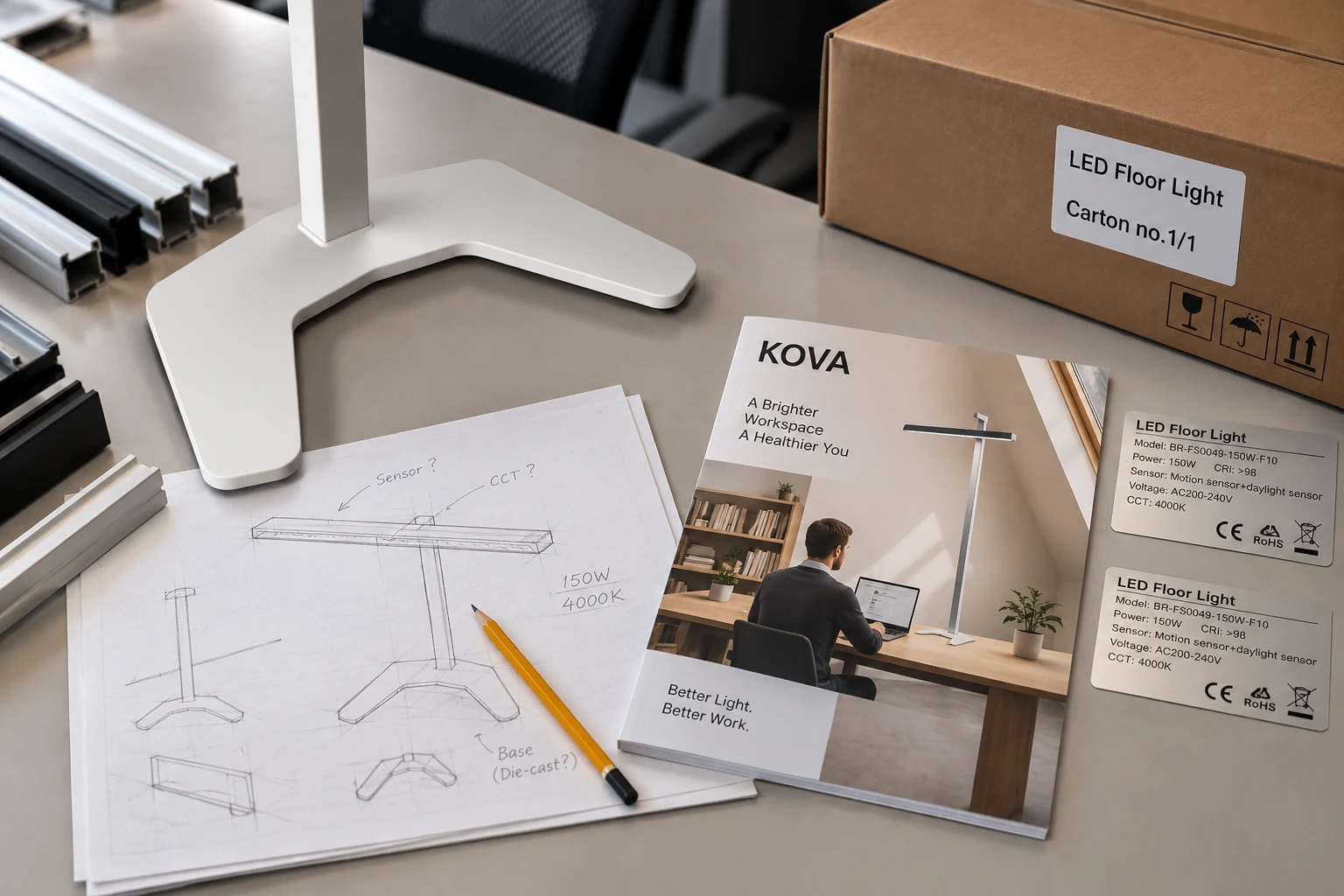 Office floor lamp with private-label brochure, product labels and packaging