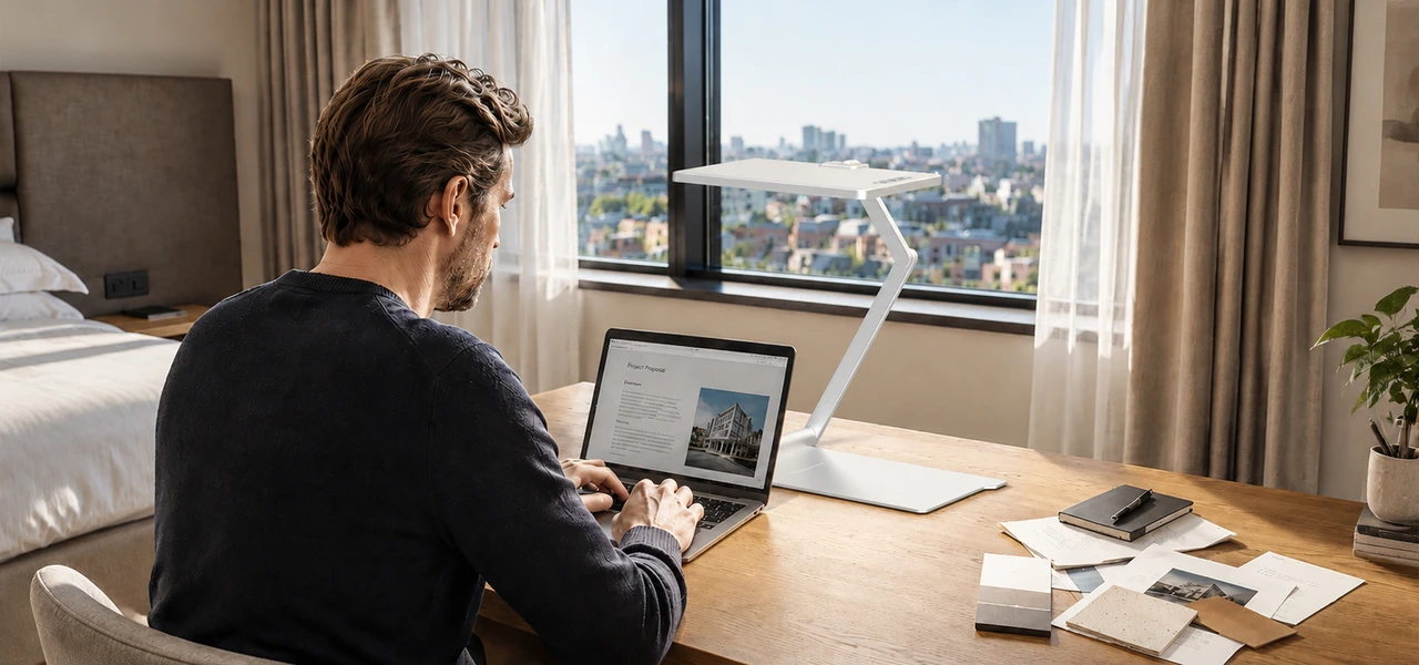 Adjustable white desk lamp beside a laptop