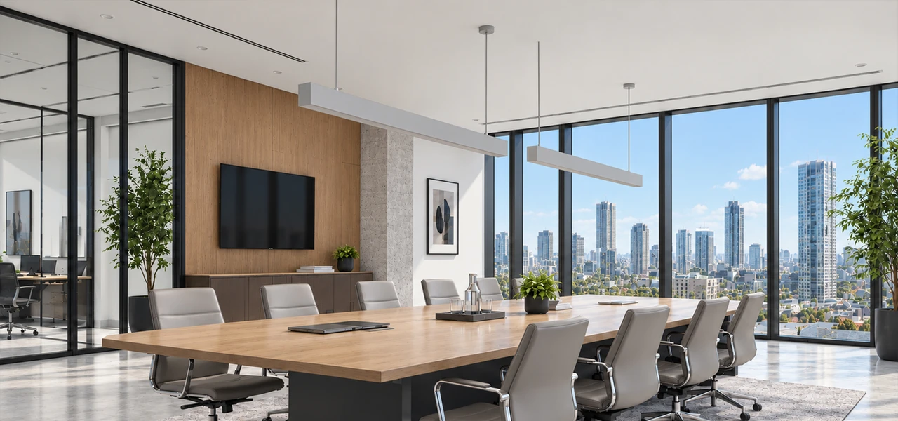 Linear pendant luminaires above a meeting table at night
