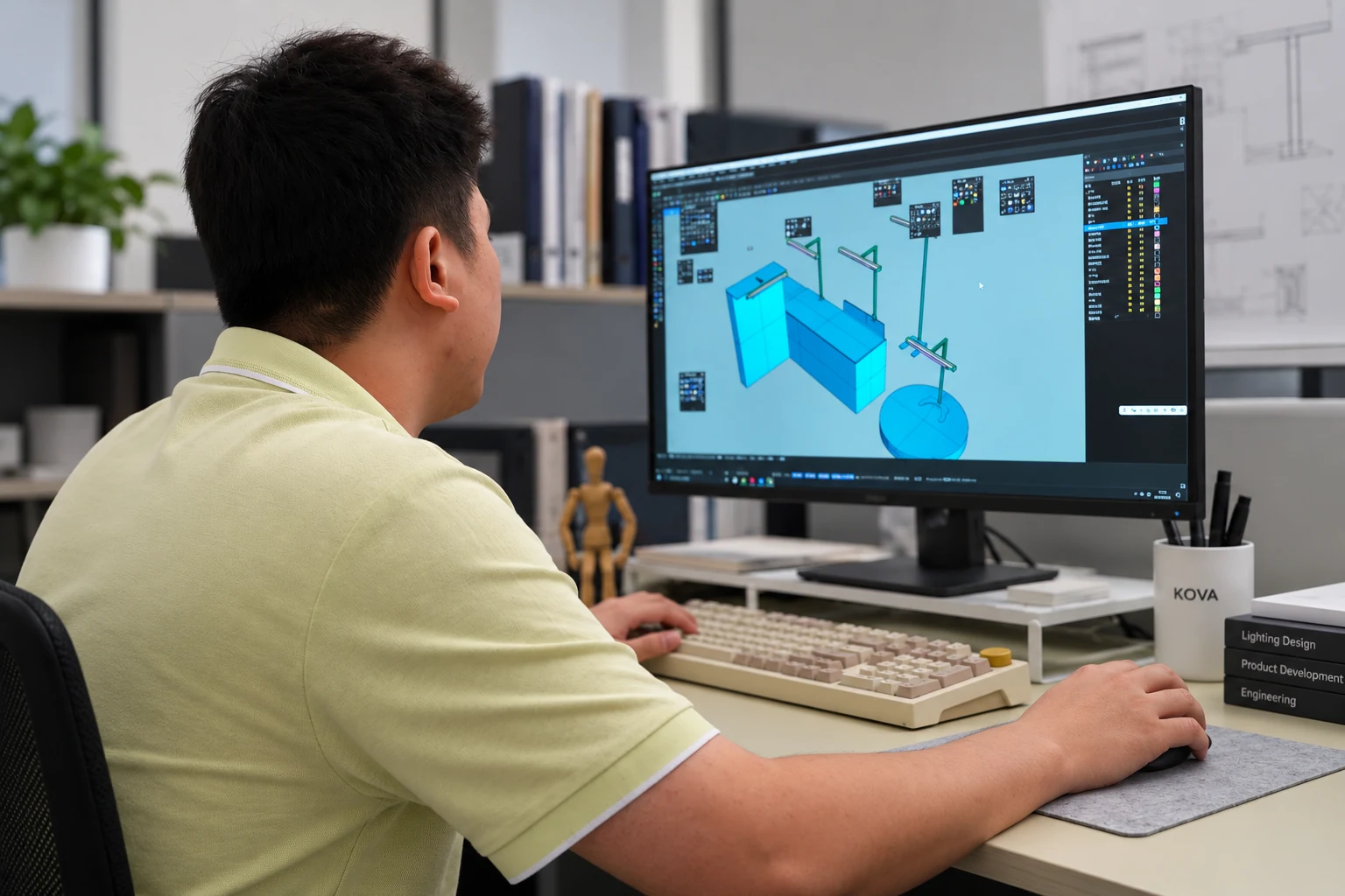 Designer prüft Konzepte für Bürostehleuchten in CAD-Software